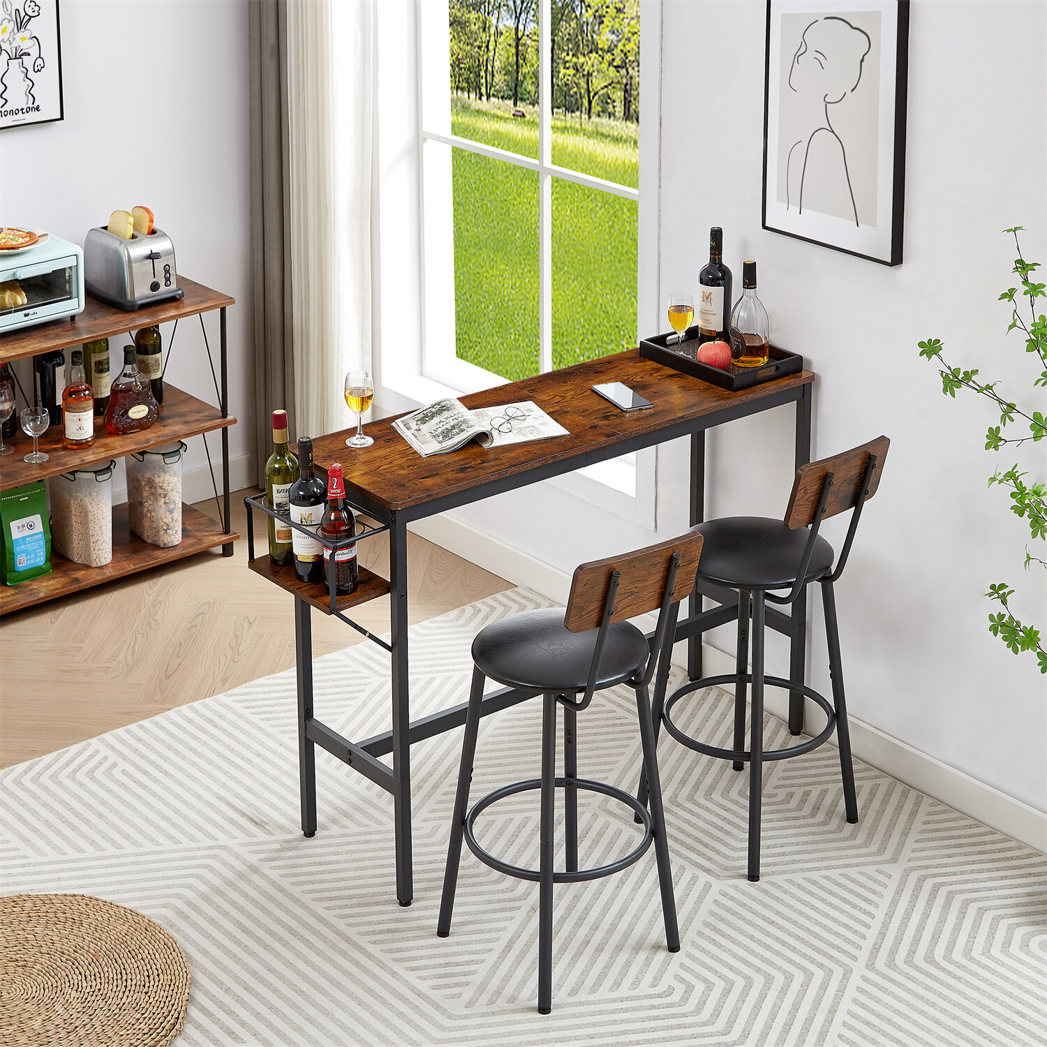 3/5 Piece Bar Table Set Counter Height Kitchen Dining Pub Table with Bar Stools