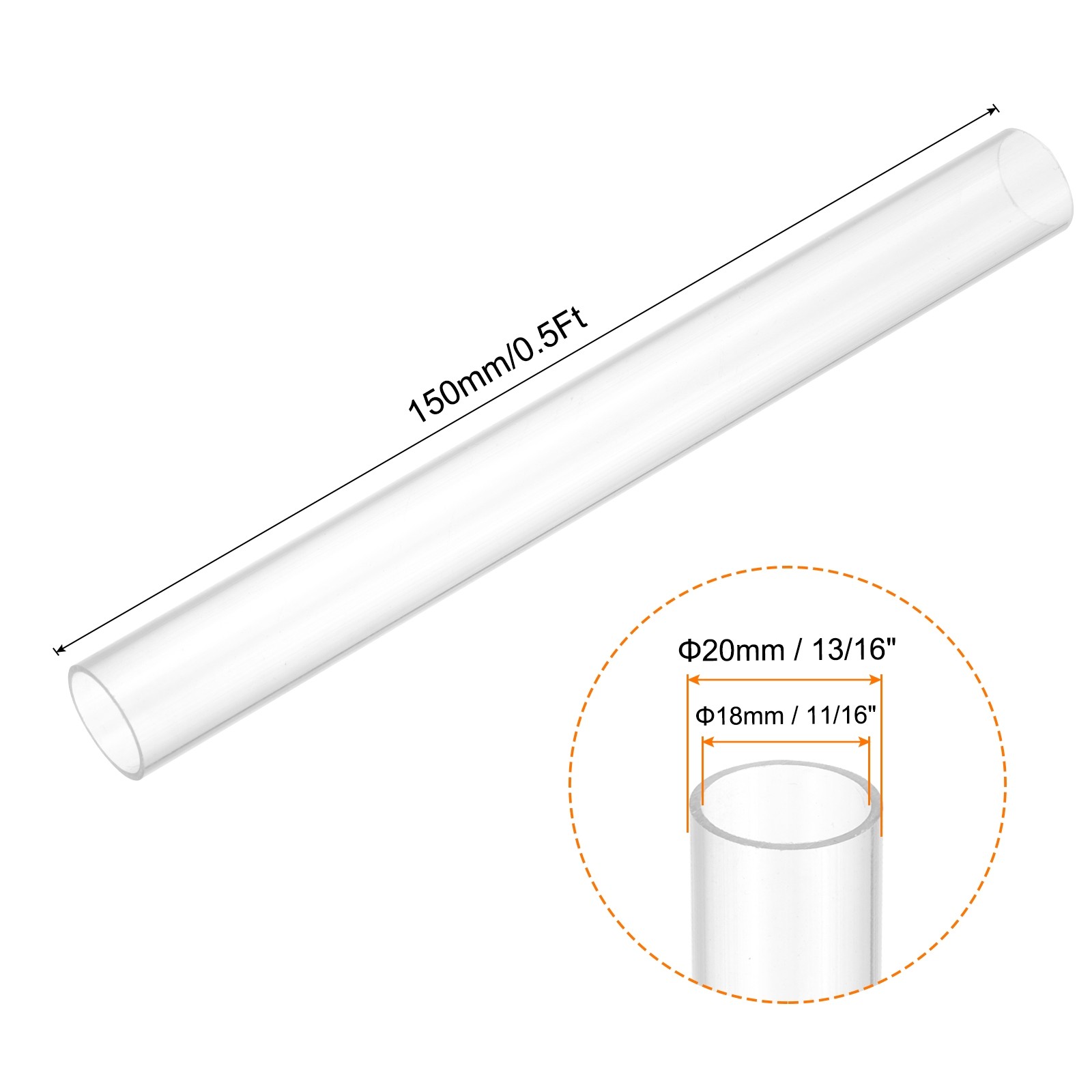 Rigid Round Clear Tubing 18mm ID x 20mm OD x 150mm Length Plastic Tube