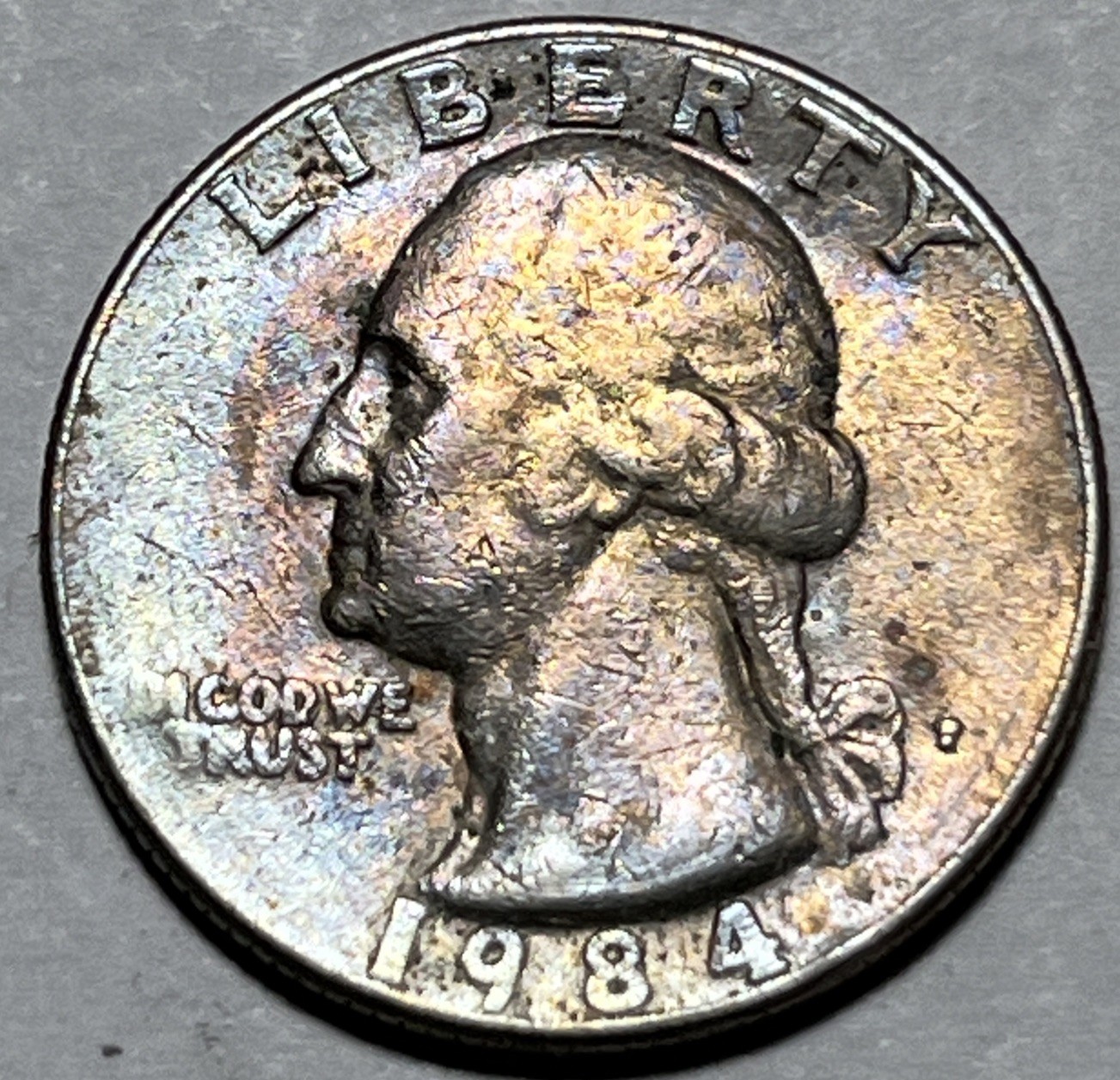 1984 P Washington Quarter Errors Strike Through Grease Both Sides Rainbow Toning