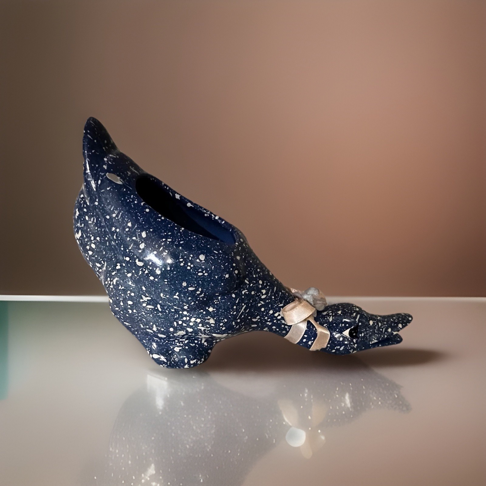 Blue Speckled Splatter Duck Goose Planter Pottery Rare MCM