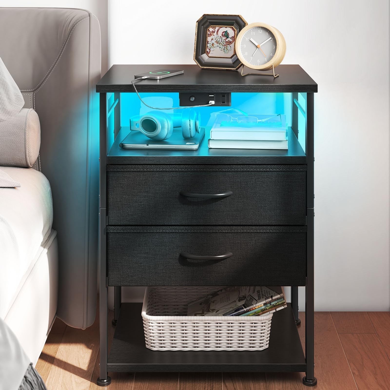 AODK Night Stand with Charging Station and LED Lights, 27.6 Inch Bed Side Tab...