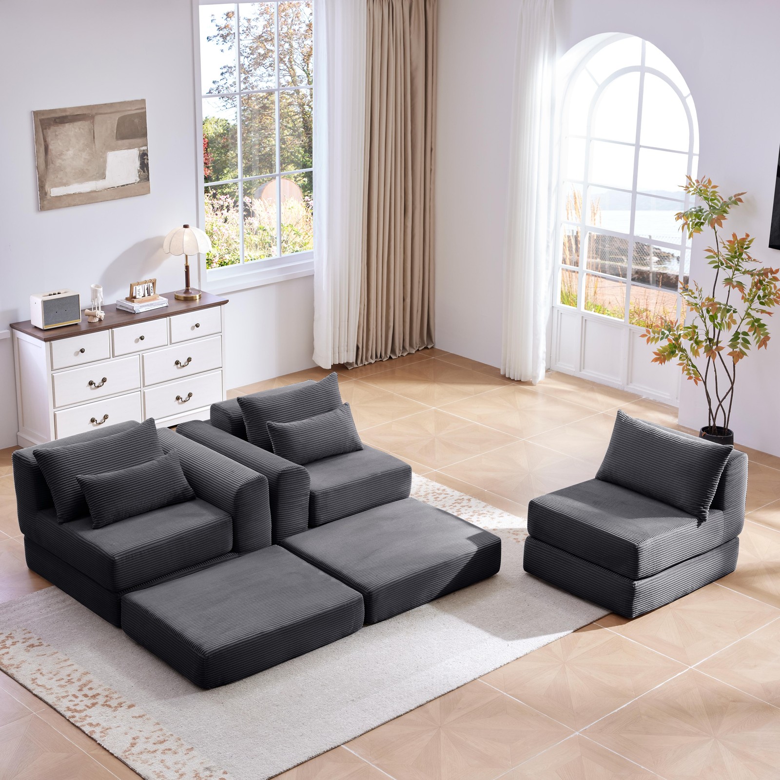 Upholstered Sectional Sofa 100" L-Shaped Corduroy Grey Modular