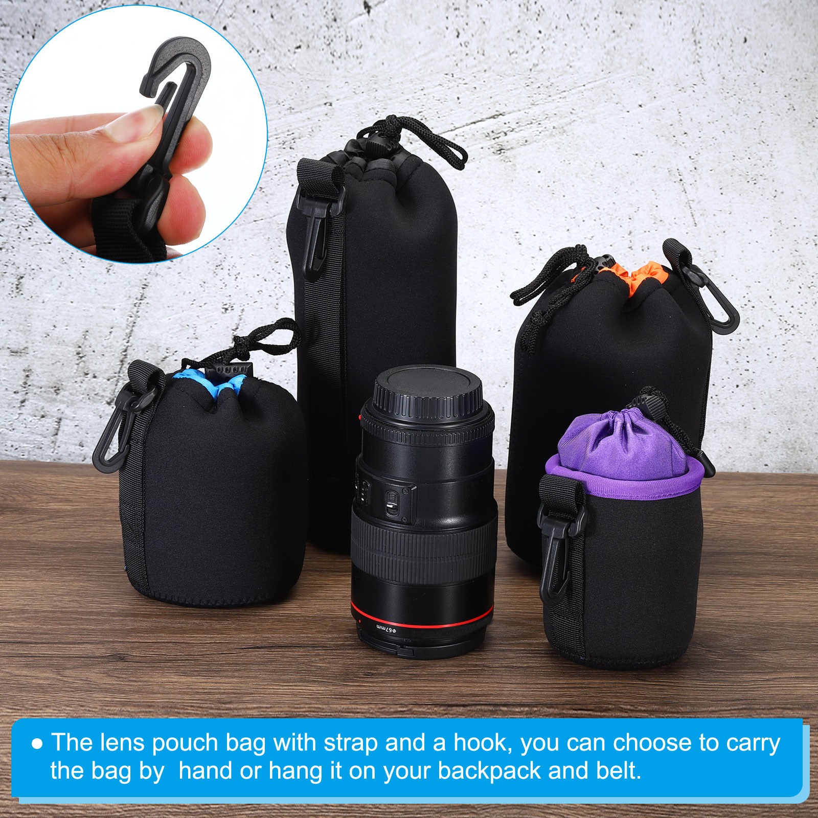 3 Pcs 3" ID x 3.9" H Drawstring Len Pouch Black