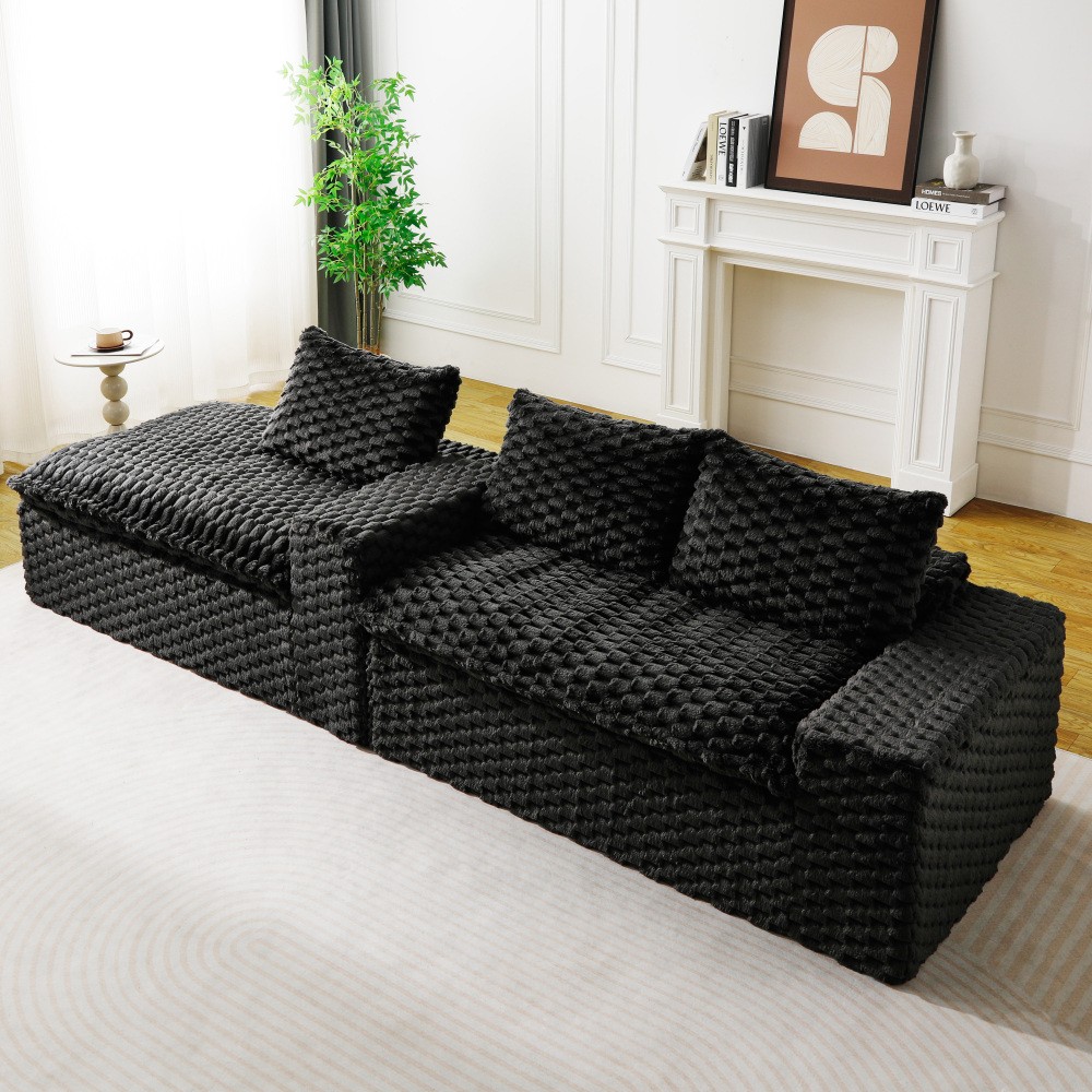 Black Convertible Sofa w/ Chaise Lounge - L-Shape Straight Modular