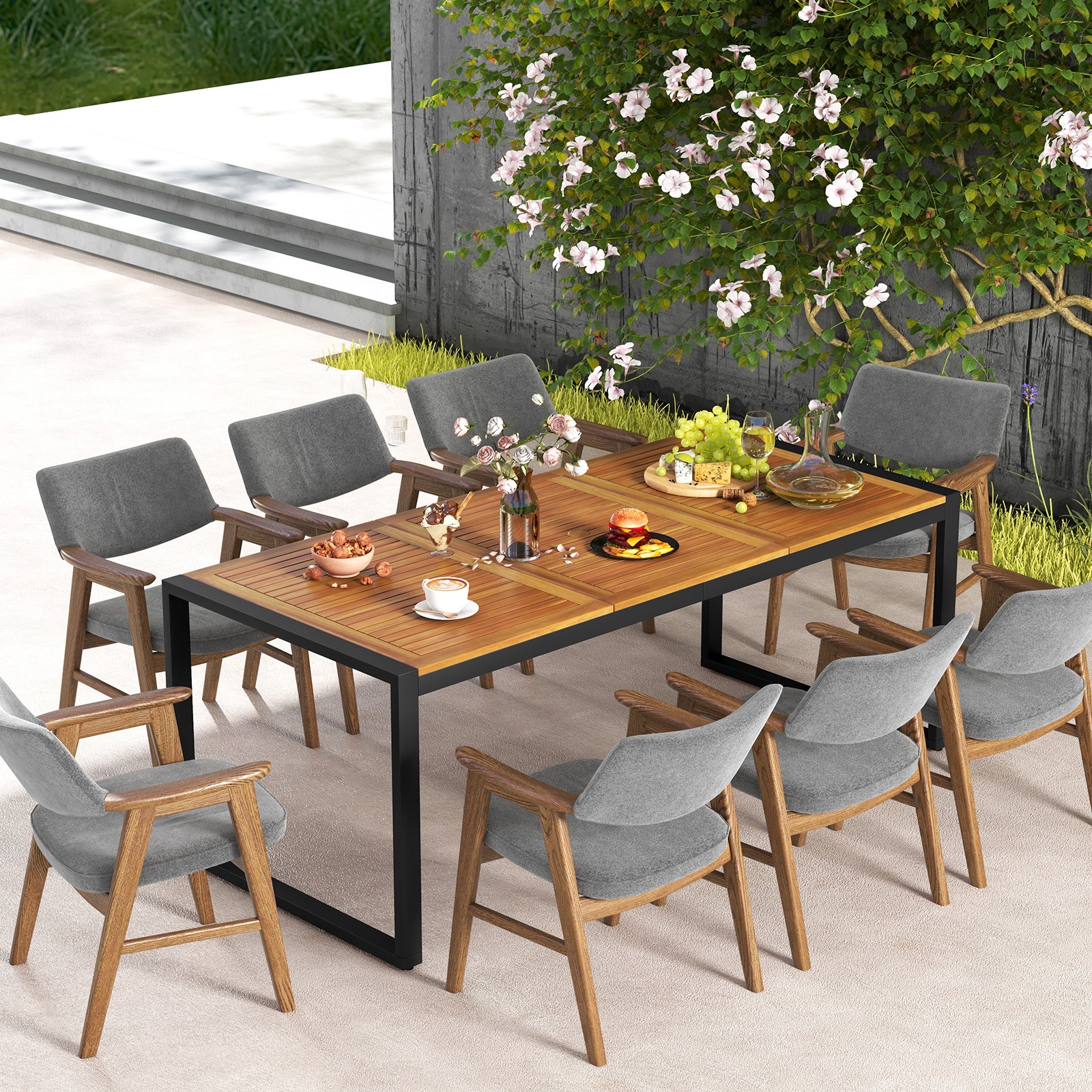 79" Acacia Wood 8-Person Patio Table w/ 1.9" Umbrella Hole, Adjustable Foot Pads