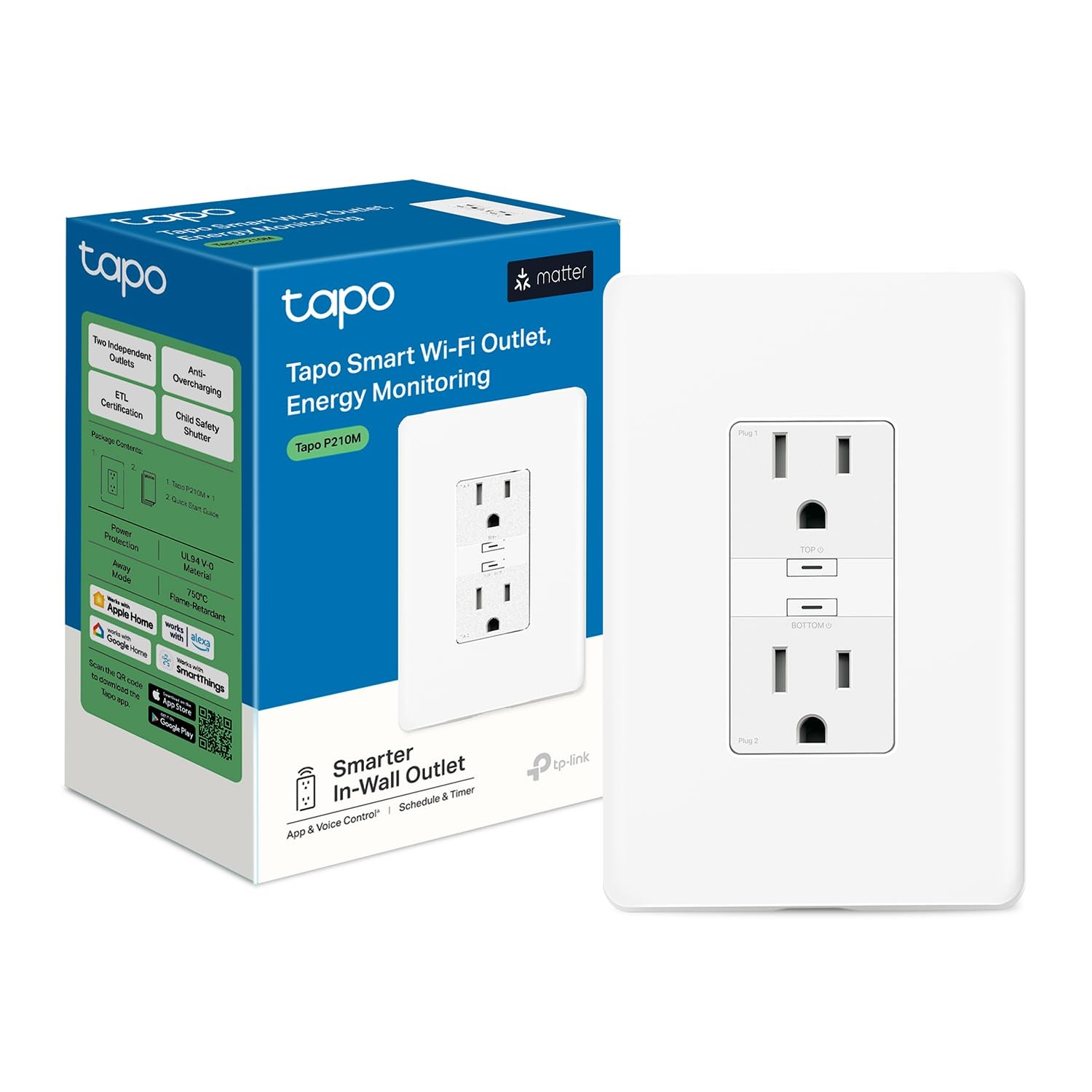 Smart Plug, Wi-Fi in-Wall Outlet, Matter Compatible, Energy Monitoring, 15A/1...