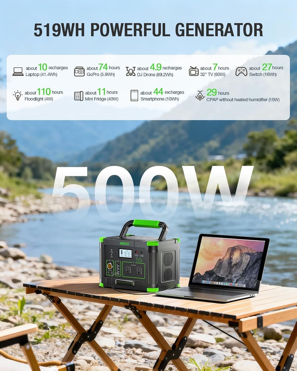 500W 519Wh Portable Power Station, 140400mAh Solar Generator for outdoor event.