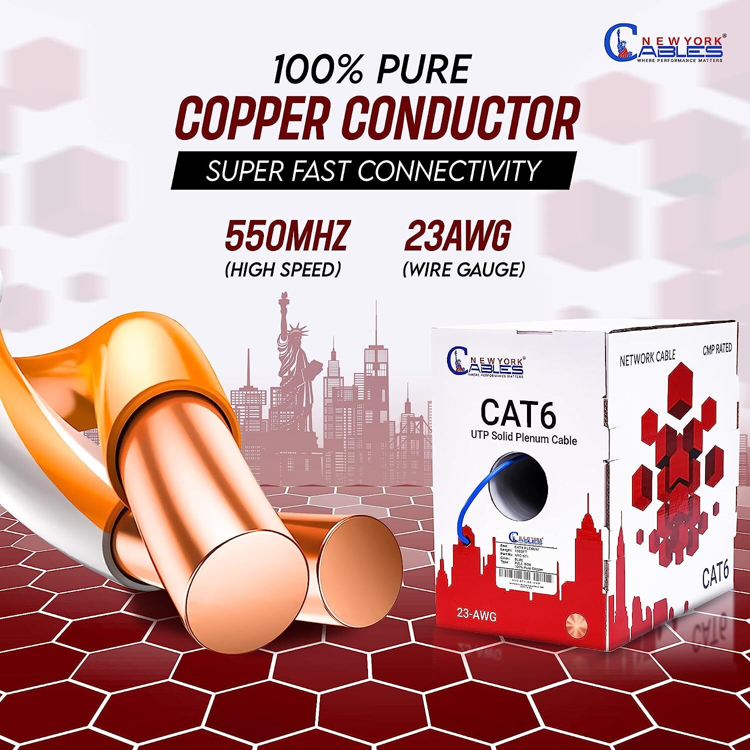 CAT6 Plenum (CMP) 1000ft Bare Copper 550MHz 23AWG UTP Bulk Ethernet Cable Blue