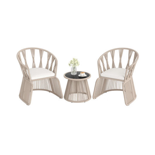 3 Pieces Patio Leisure Chair Set with Rope-Woven Armchairs and Seat Cushions-Off