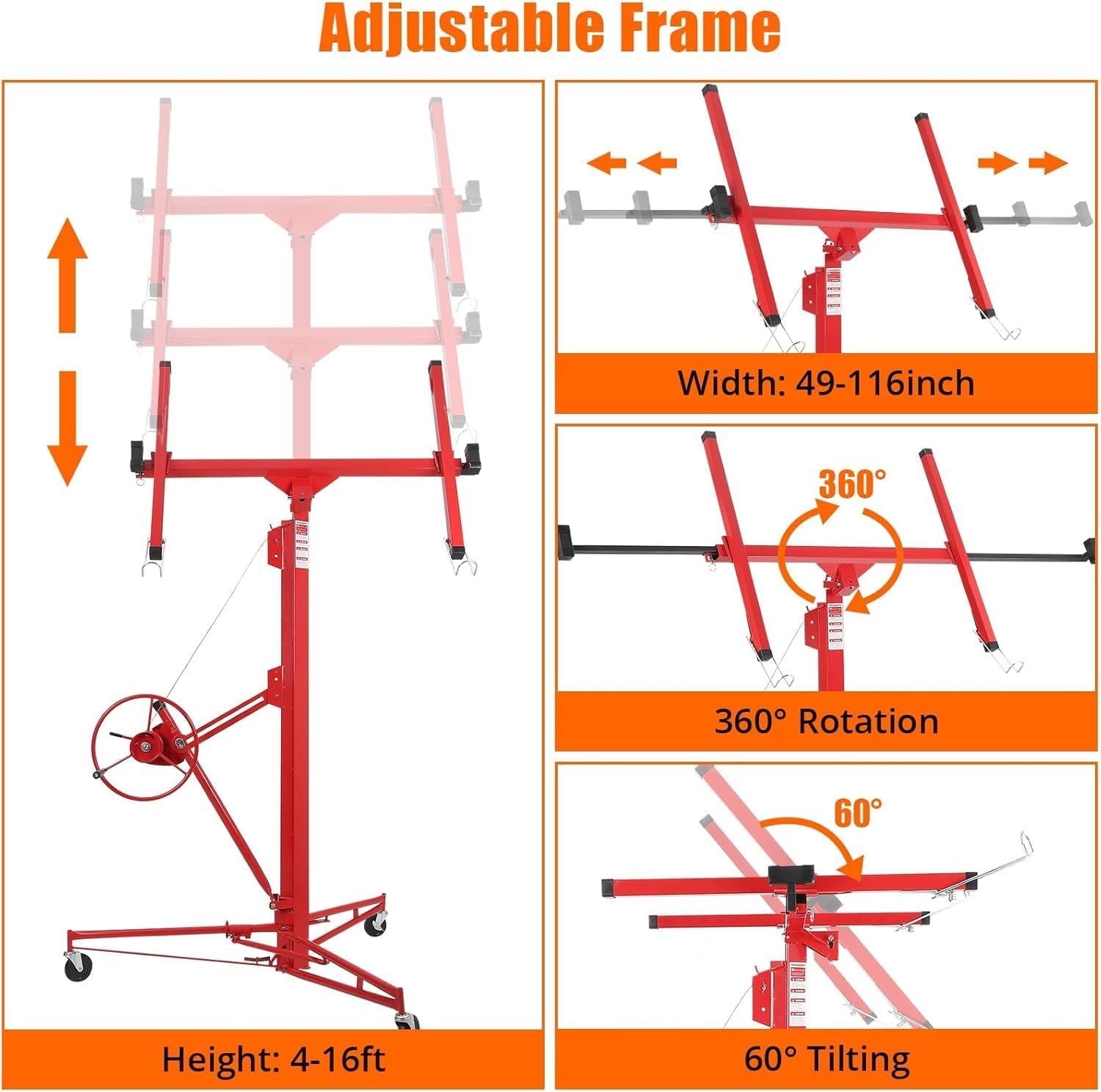16 FT Drywall Lift Panel Rolling Hoist Plasterboard Jack Lifter Sheetrock Tool