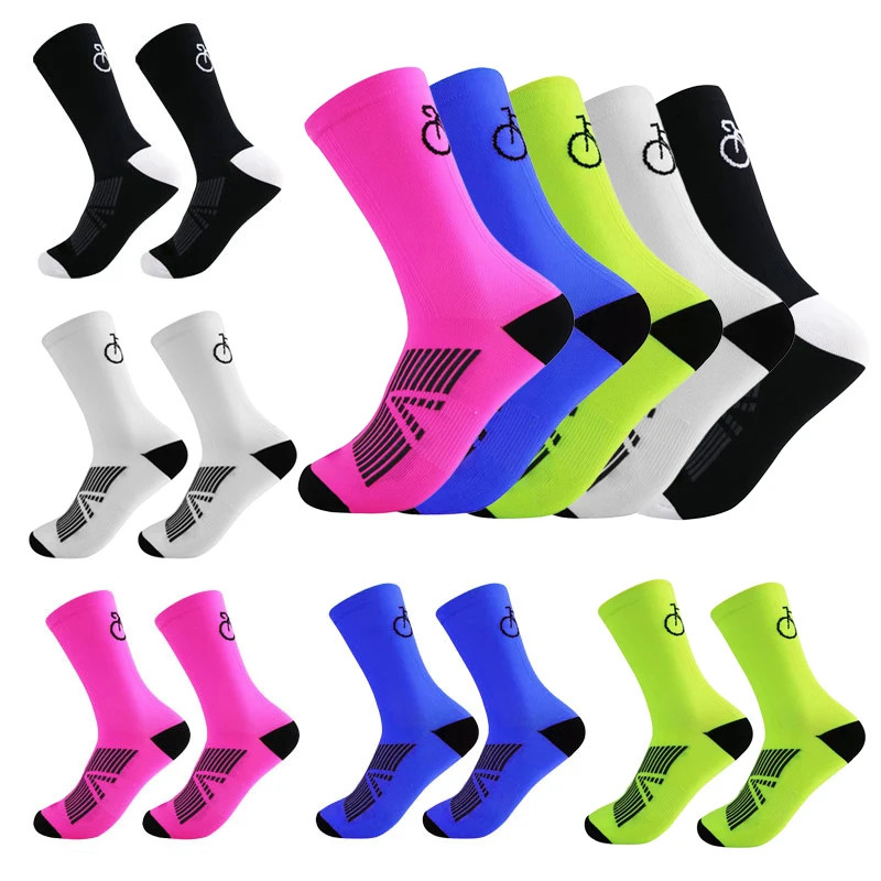 3 Pairs Cycling Socks Men Breathable Mesh Bicycle Pattern Mid Tube Outdoor Sport