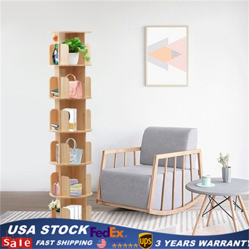 6 Tier Rotating Bookshelf 360 Display Book Shelf Tower Solid Wood Bookcase Shelf