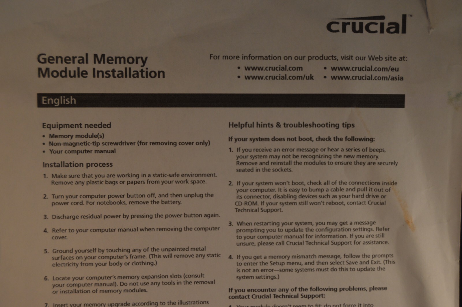 CRUCIAL "GENERAL MEMORY MODULE INSTALLATION" MICRON computer INSTRUCTIONS 2007