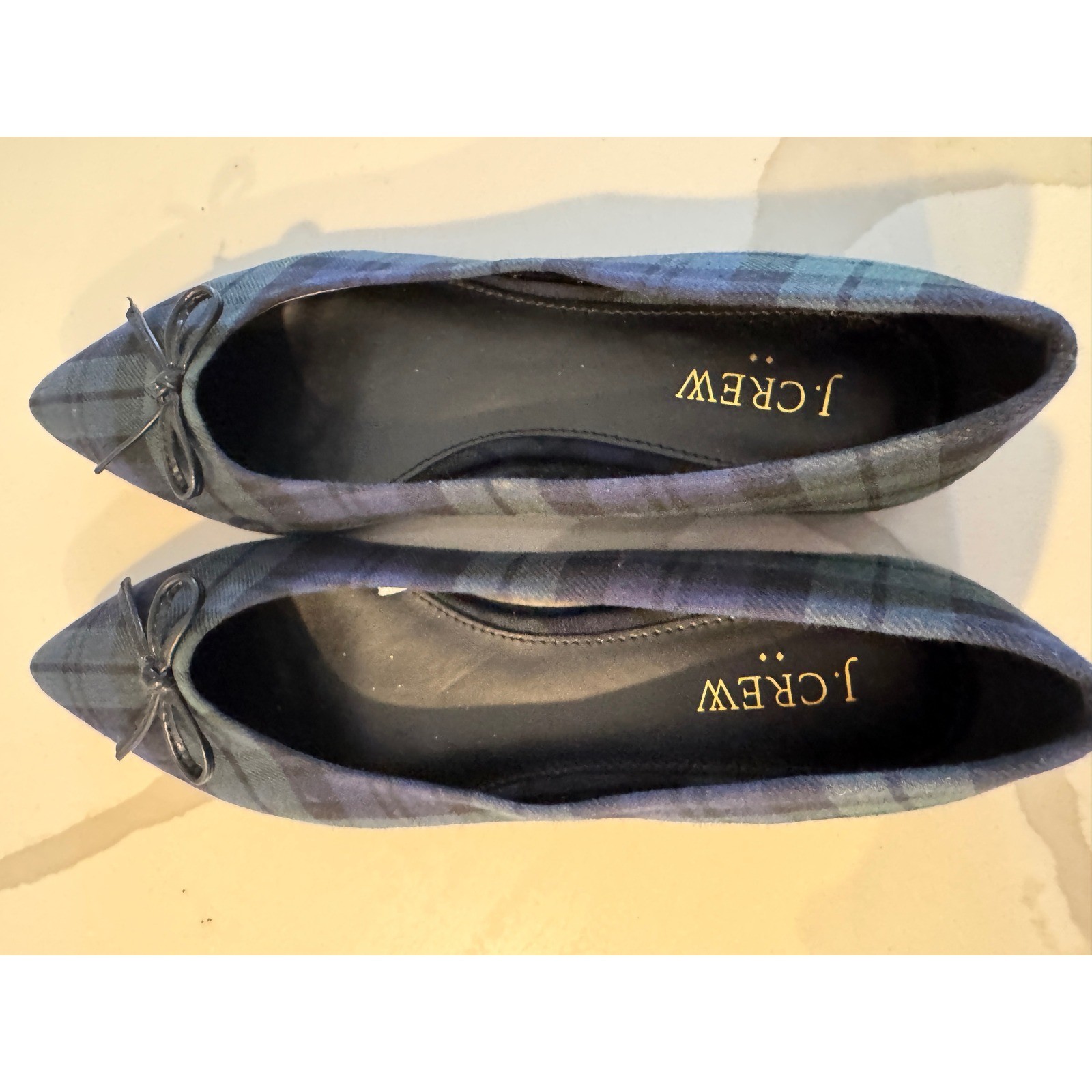J.Crew Women Black Watch Plaid Pointed Toe Ballet Flats Blue Green Bow 7.5 M