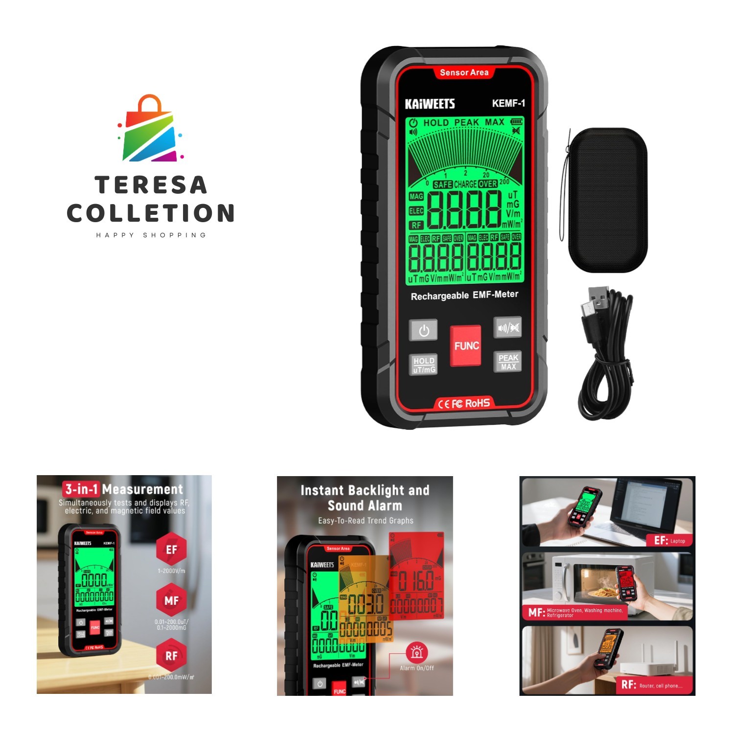 Rechargeable EMF Meter: Detect RF, MF & EF with Sound Alarm & Backlight Features