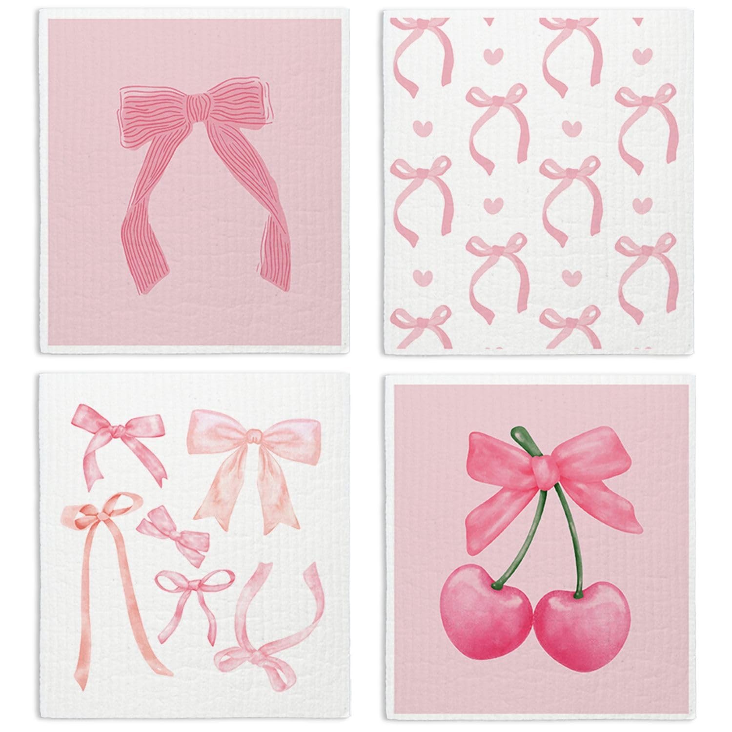 Pink Bow Swedish Dishcloths for Kitchen, 4 Pack Coquette Bow Gifts Swedish Di...