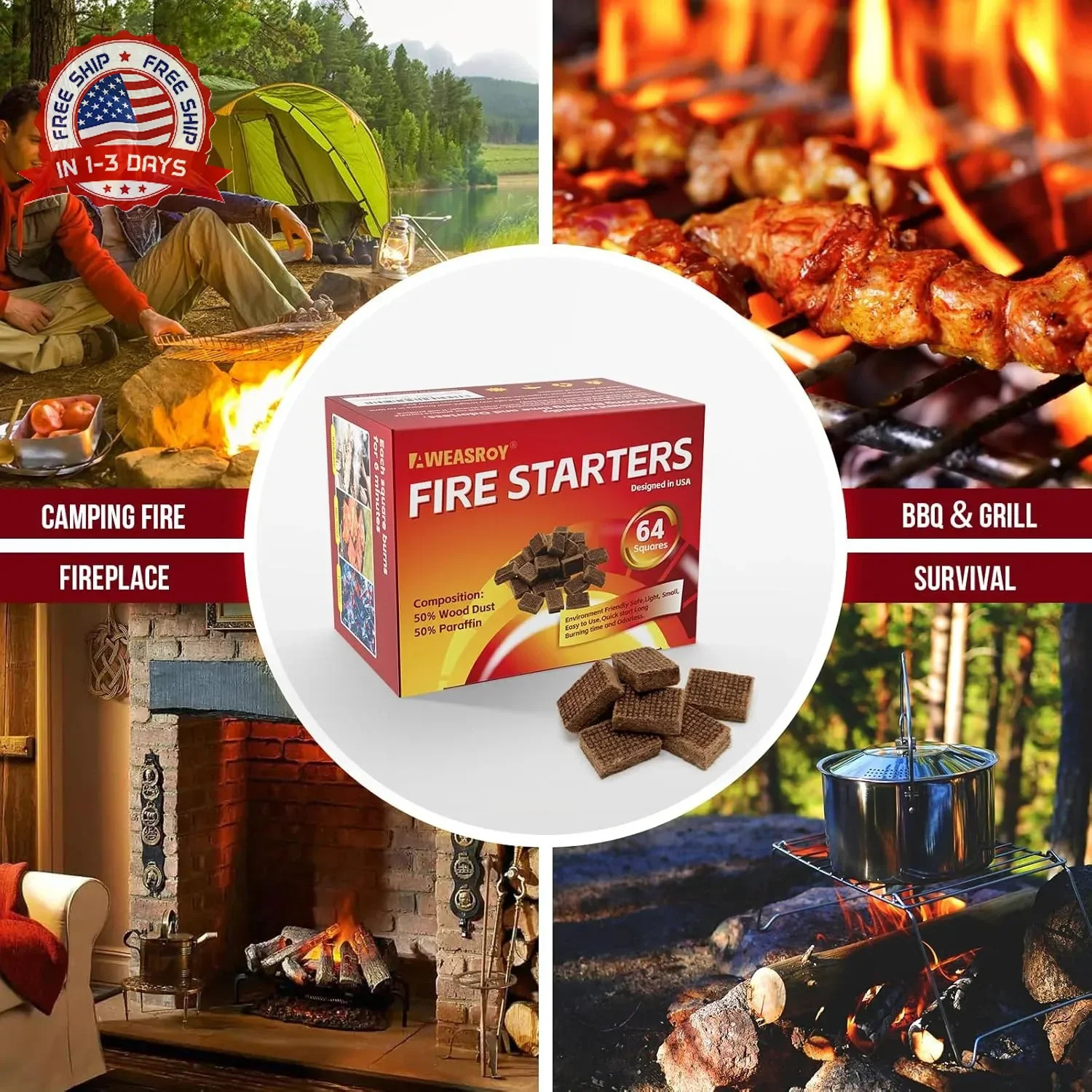 Fire Starter Squares 64 - Fire Starters for Fireplace,Chimney,BBQ Grill,Camping