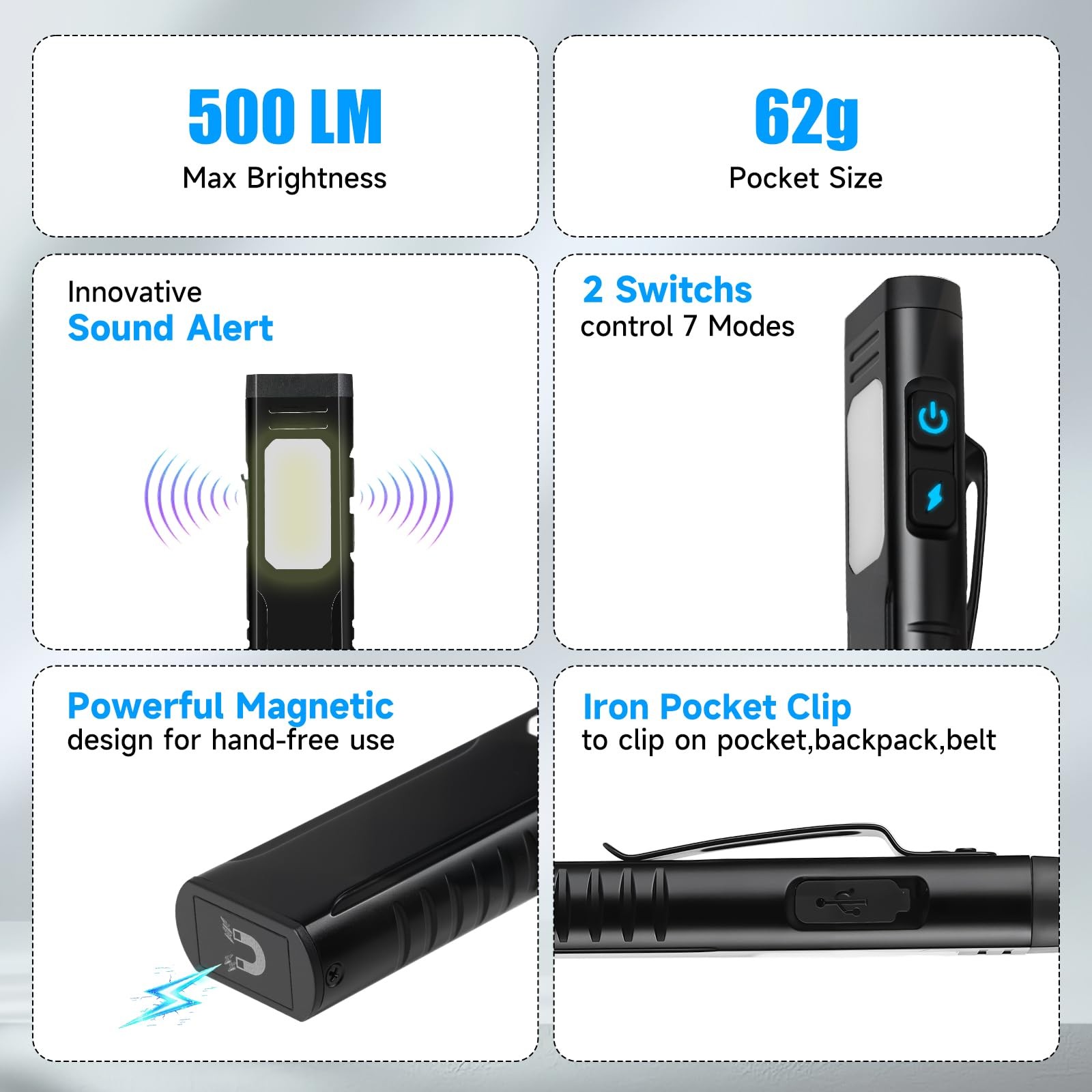 Annteneo Rechargeable EDC Flashlight with Sound Beeper, Portable Flat Pocket ...