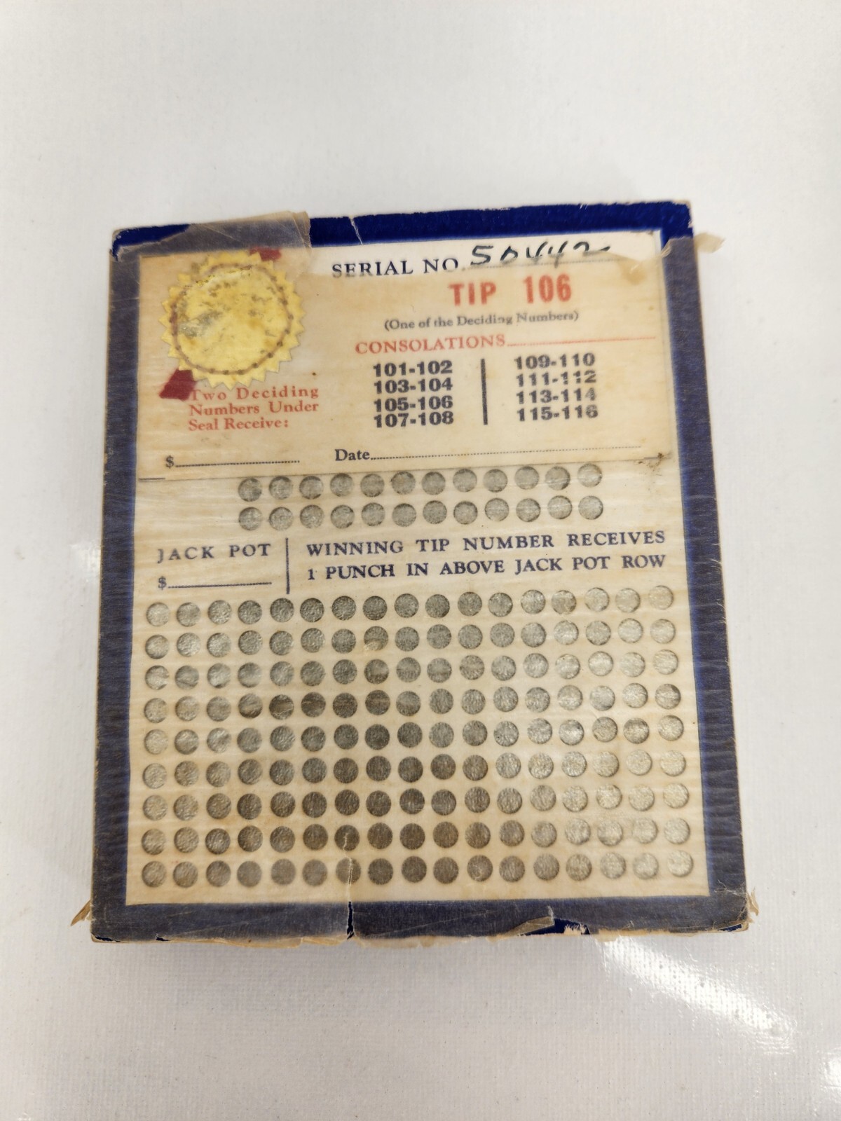 Rare 1960s Vintage Unpunched Wood Foil Gambling Punch Card, #'s Game Punch Board