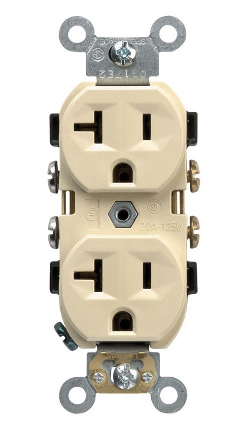 Leviton CBR20-00I 20A 125V 2-Pole Duplex Ivory Outlet 4.06 Hx1.35 Wx1.08 D in.