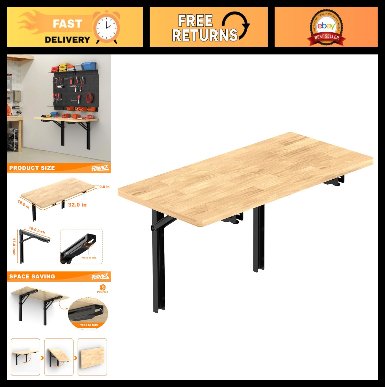 Heavy Duty Folding Wall Workbench - Space-Saving Collapsible Desk for Garage, 55