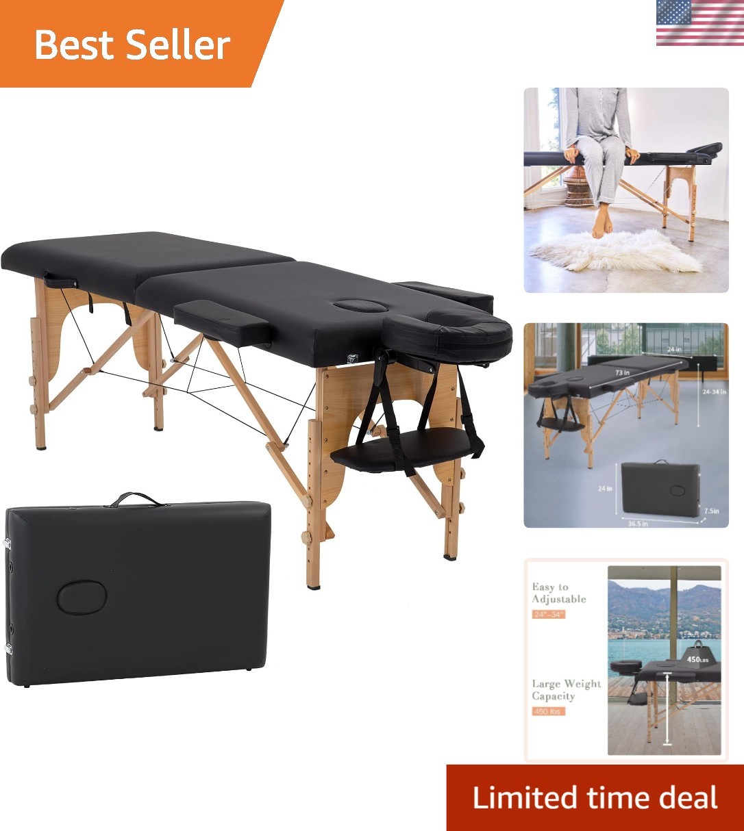 Portable Height Adjustable Massage Table - 24" Wide, 2 Folding Design