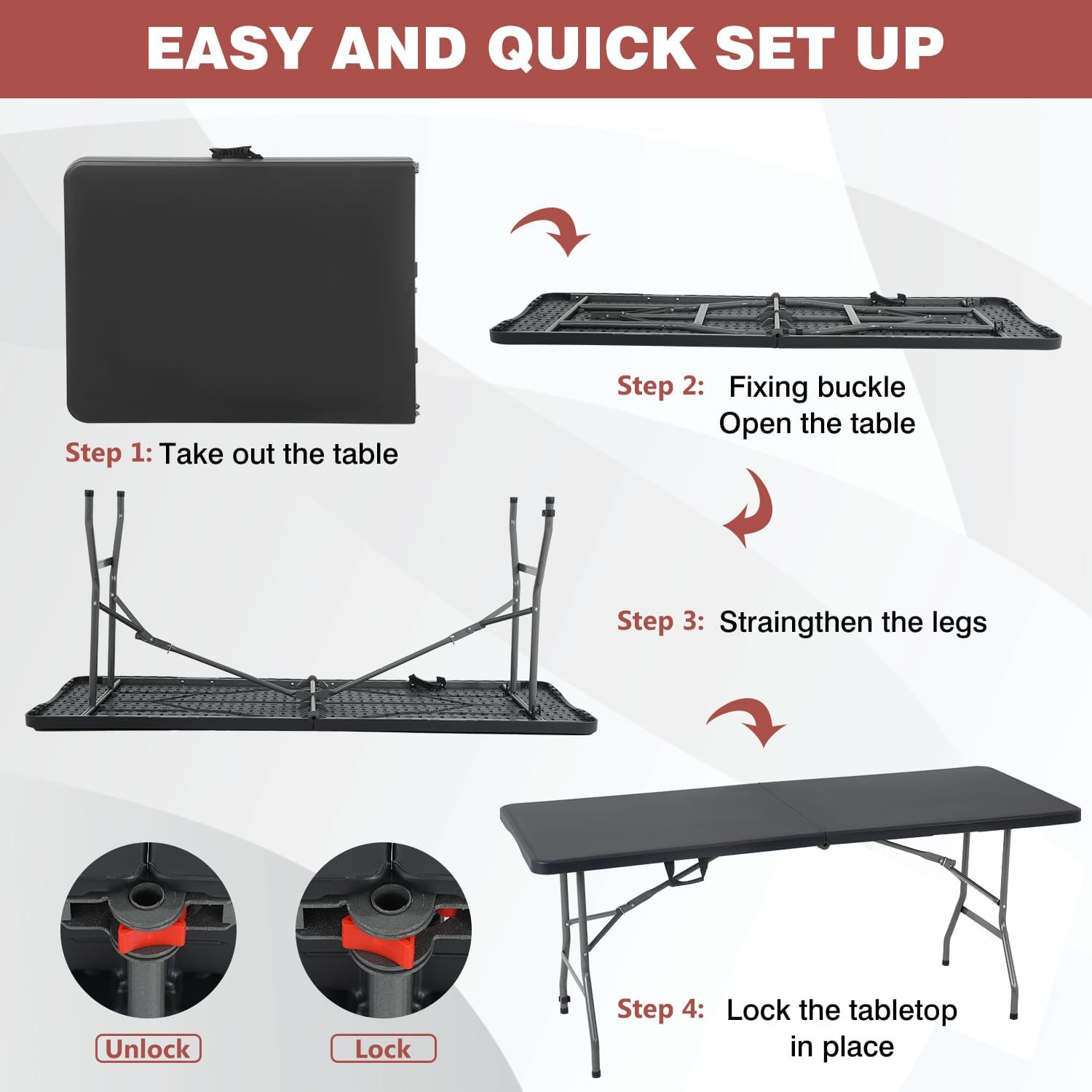 Folding Half Portable Foldable Table for Parties Backyard Events (White, 6 FT 70