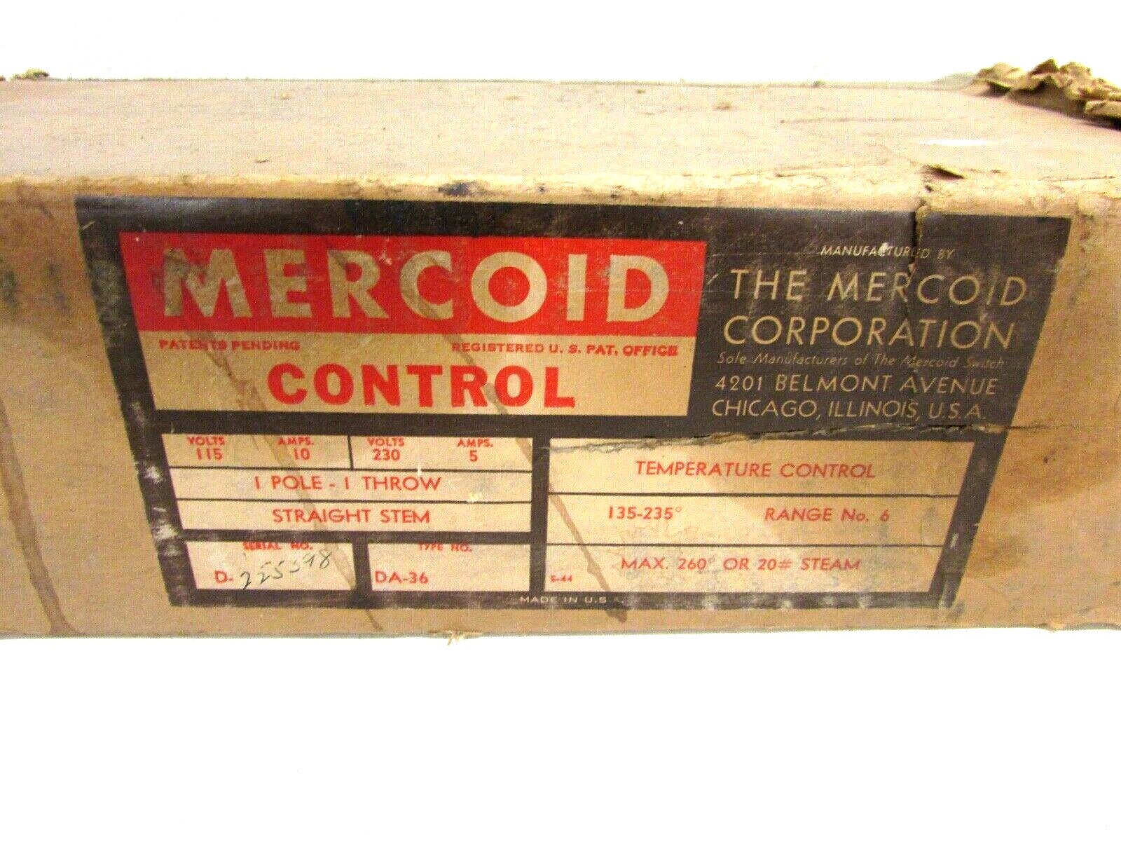 NEW! MERCOID CONTROL TEMPERATURE CONTROL STRAIGHT STEM DA-36 NEW WITH BOX