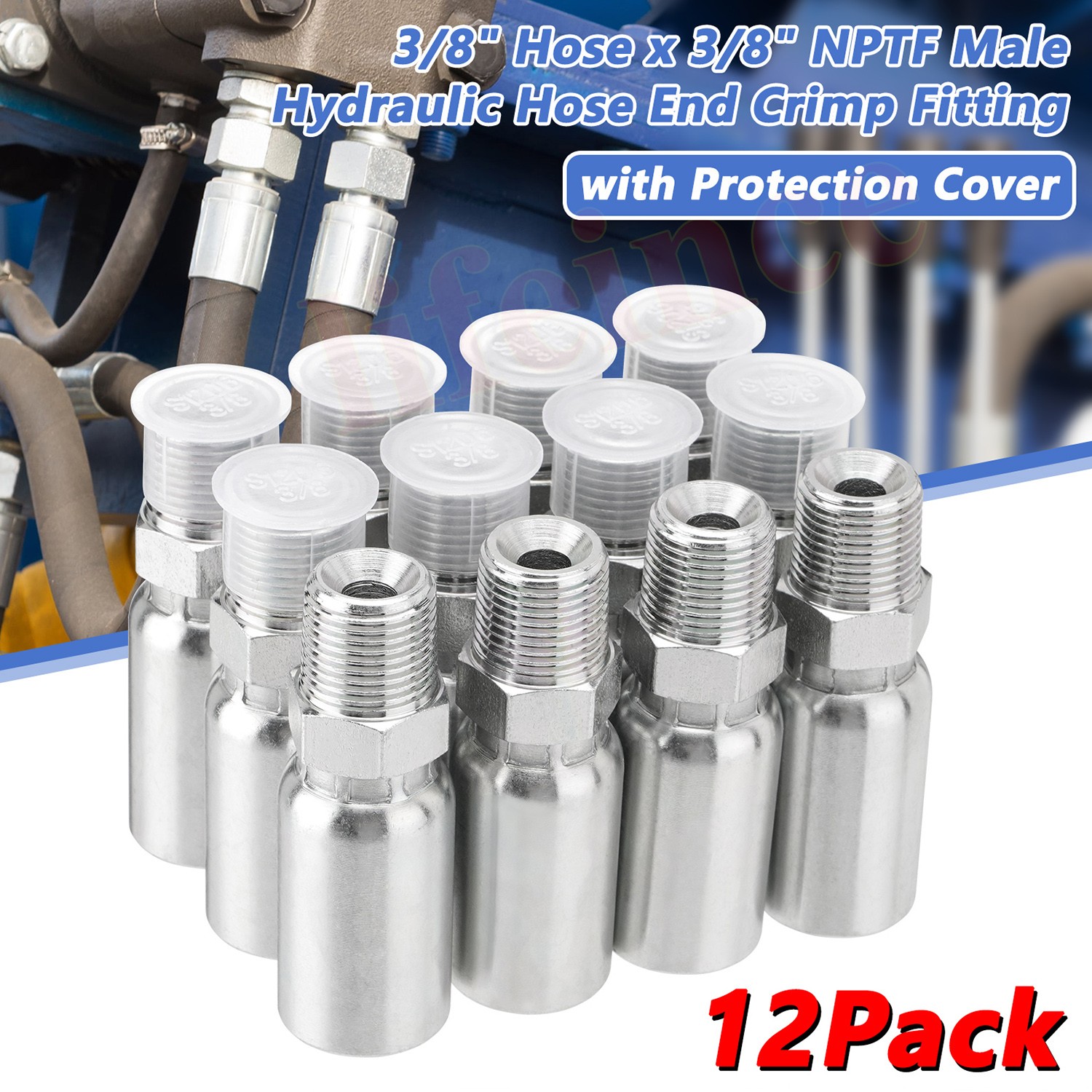 12 Pack Hydraulic Hose Fittings, 3/8" I.D. Hose X 3/8" NPTF Male with Protection
