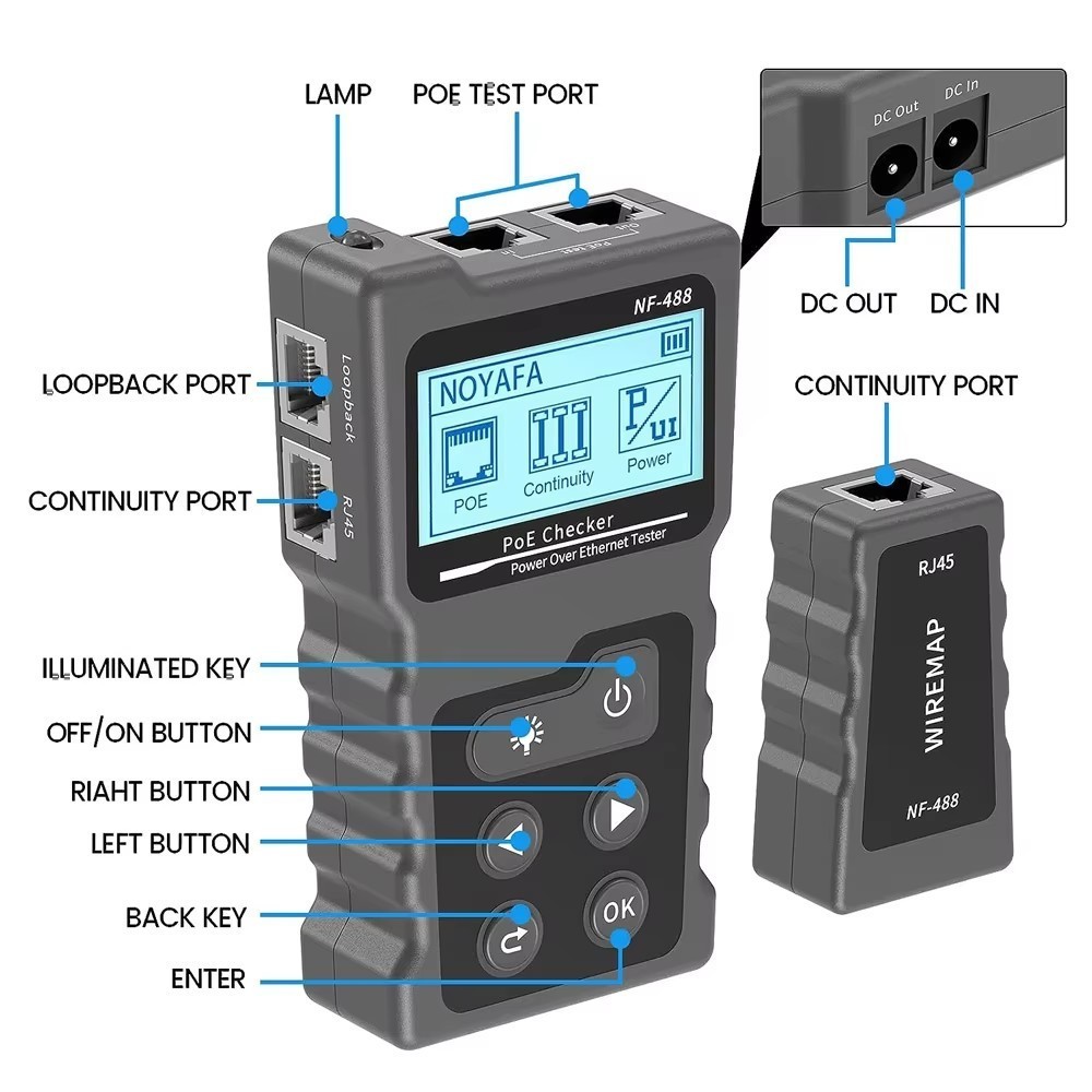 Noyafa PoE Checker Inline PoE Voltage & Current Tester with Cable tester NF-488