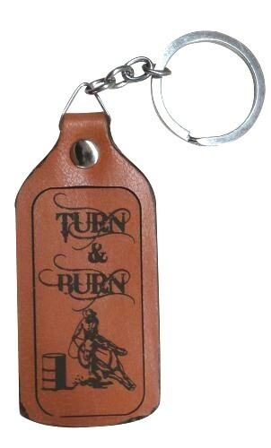Western Barrel Ssaddle Horse Leather Turn N Burn Key Fob Metal Key Ring + Chain