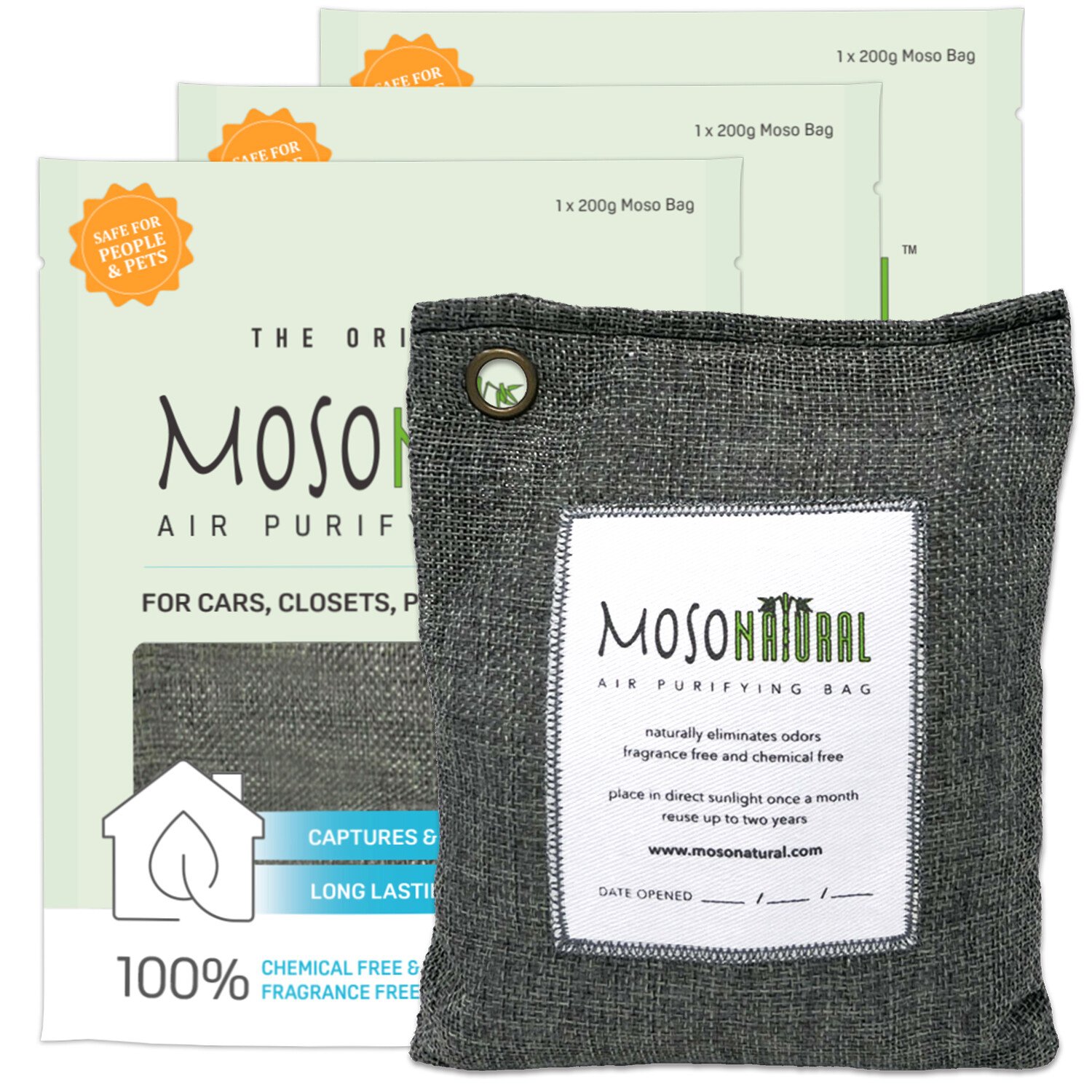 Moso Natural Air Purifying Bag 200g (3 Pack). Odor Eliminator for Car Closet Pet