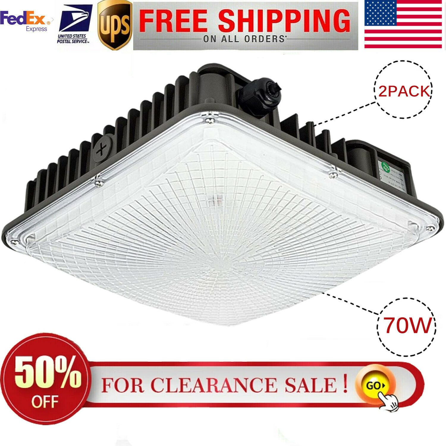 2 PACK LED Canopy Light 70W Gas Station Parking Lot Corridor Street Garage Light