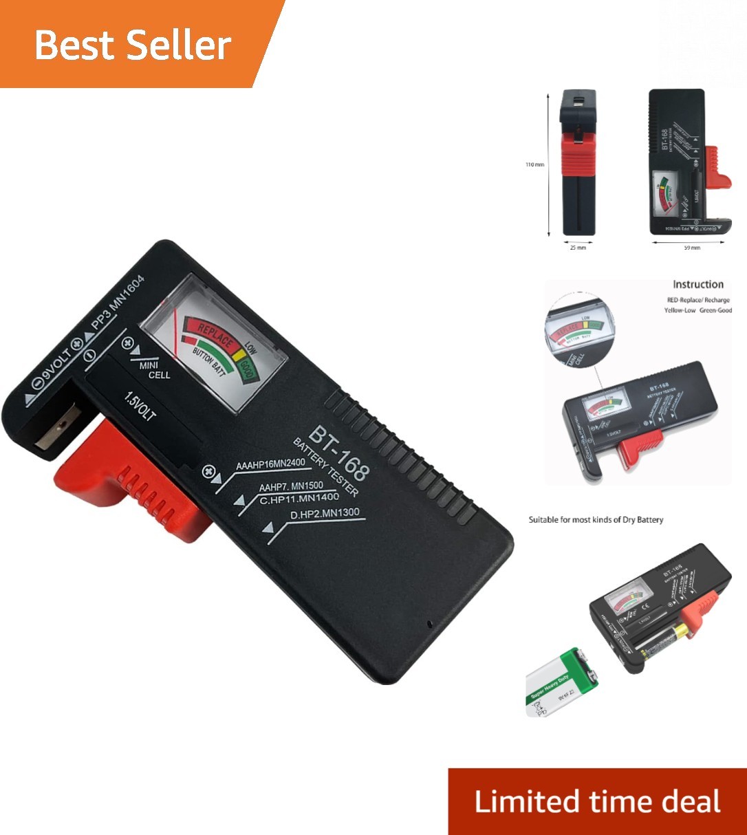 Compact Portable Battery Tester for AAA AA C D 9V Button Cells - Model BT-168