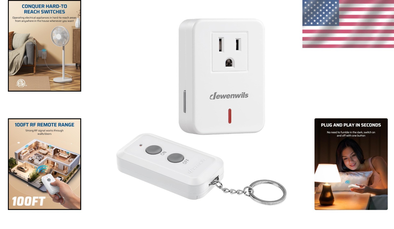 Indoor Wireless Power Switch with 100ft RF Range, Remote Control & Compact Size
