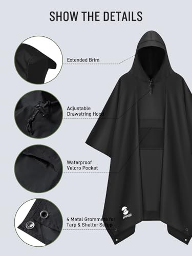 Extra Thick Hooded Rain Poncho Double Layer Waterproof Raincoat Black 2 Pack