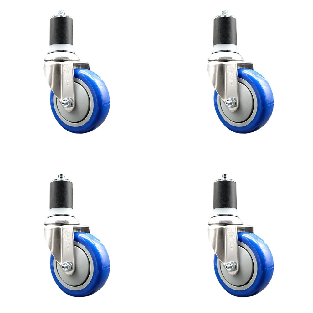 4 Inch 316SS Blue Polyurethane Swivel 1-7/8 Inch Expanding Stem Caster Set SCC