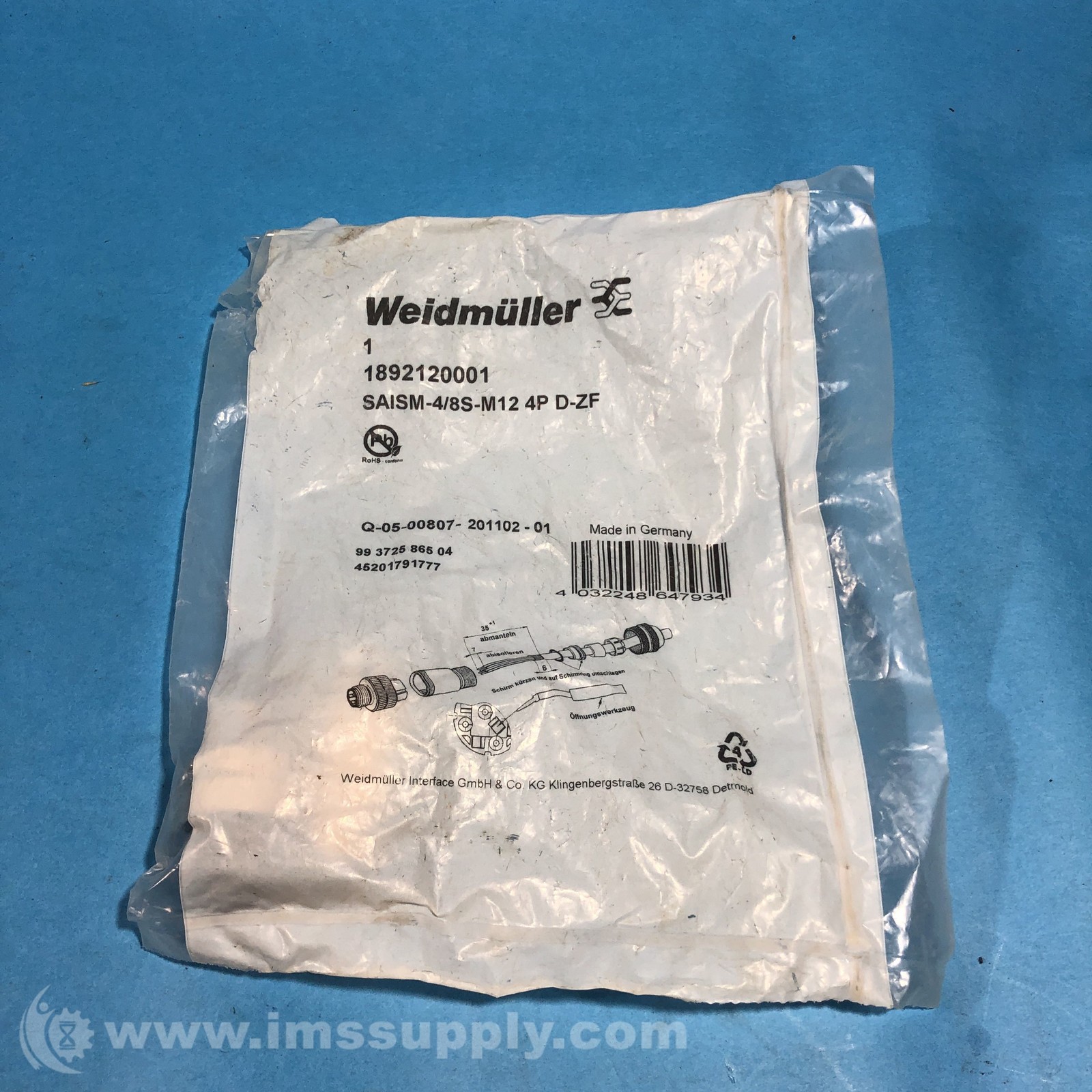Weidmuller SAISM-4/8S-M12 4P D-ZF 4 Pin M12 Wireable Connector 7496