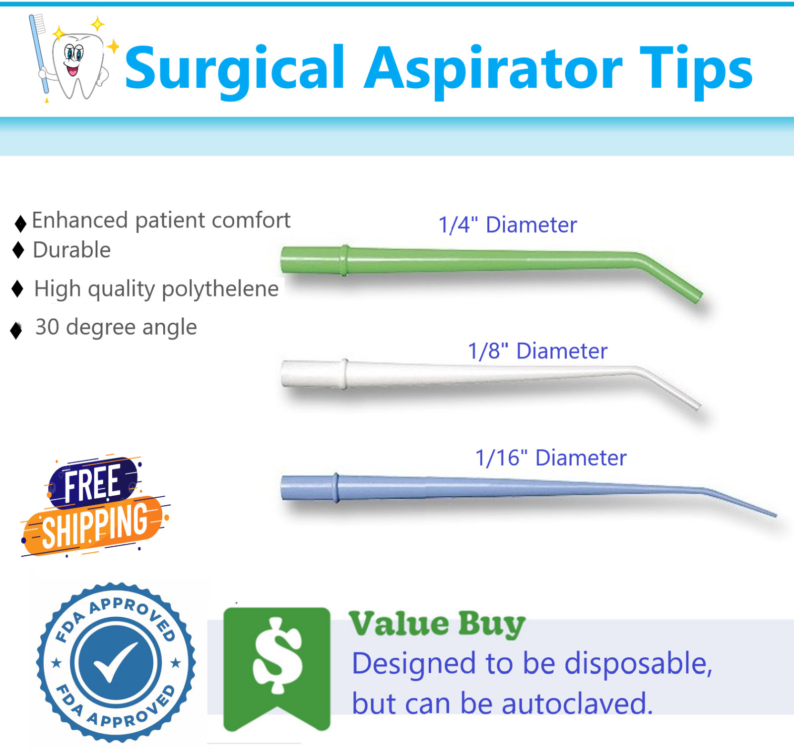 Surgical Aspirator Tips Dental Aspirating Suction Tips (Choose Size & Qty) USA