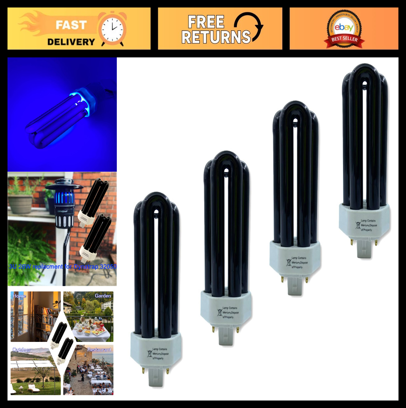 4 Pack Replacement Black Light Bulbs for DynaTrap DT1775 DT1750 26W PLC 43050