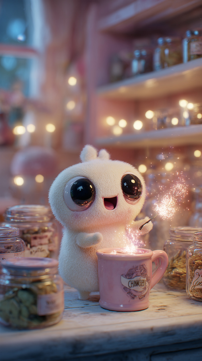 Cute Magical creature in cozy kitchen
