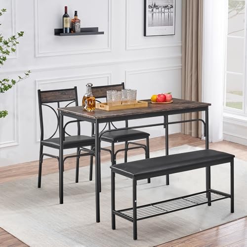 Kitchen Dining Table Set with Upholstered Bench & 2 seat for 4 Classic Brown
