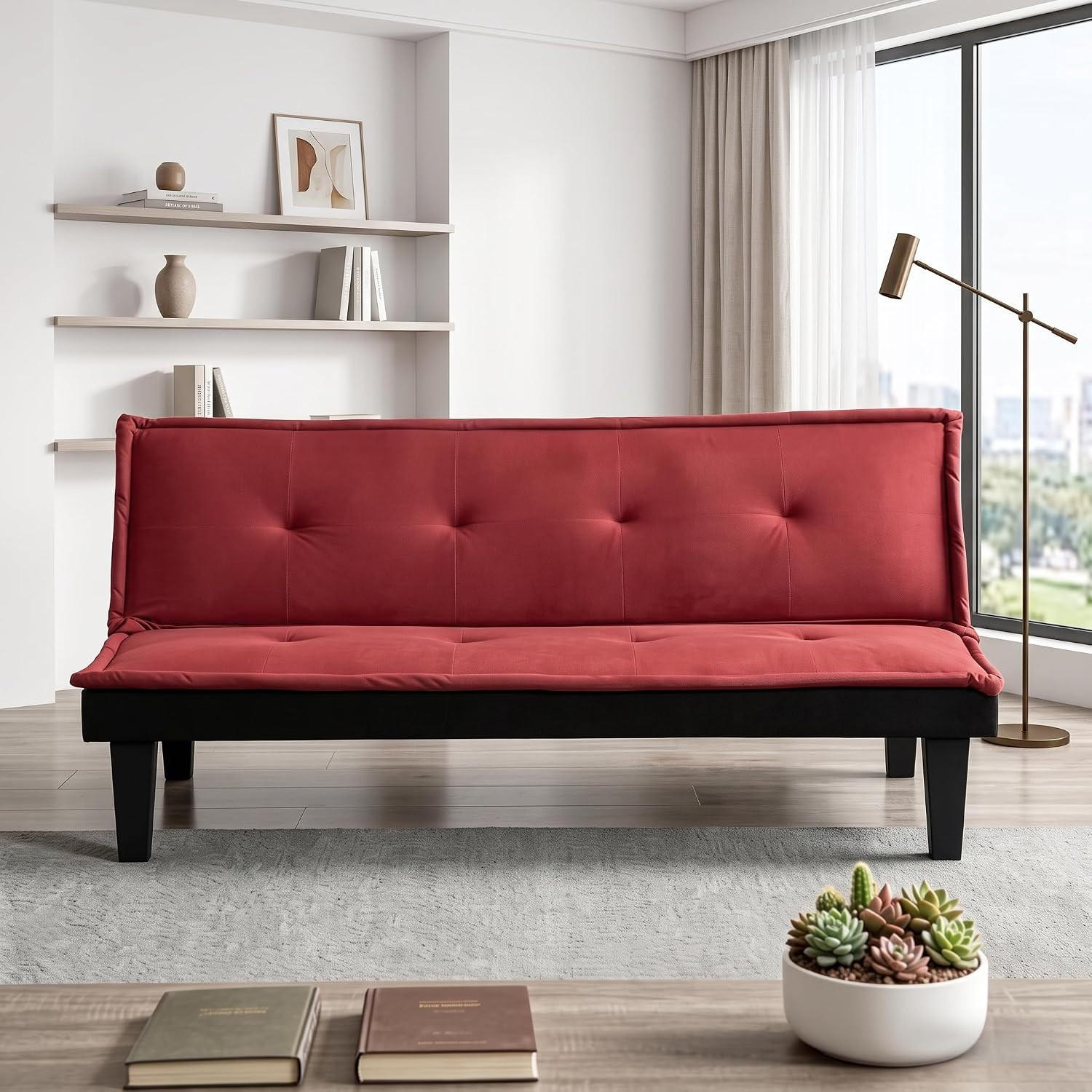 Convertible Sofa Bed, Futon Couch with Adjustable Backrest, Dark Red | 5-Positio