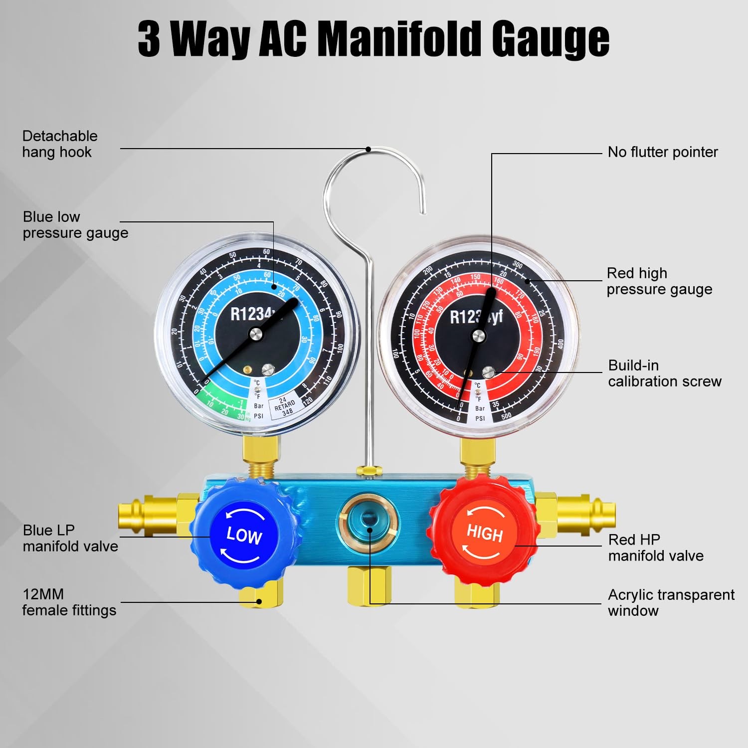 AC R1234yf Manifold Gauge Set, 3 Way Car Conditioning 1234yf Refrigerant Rech...