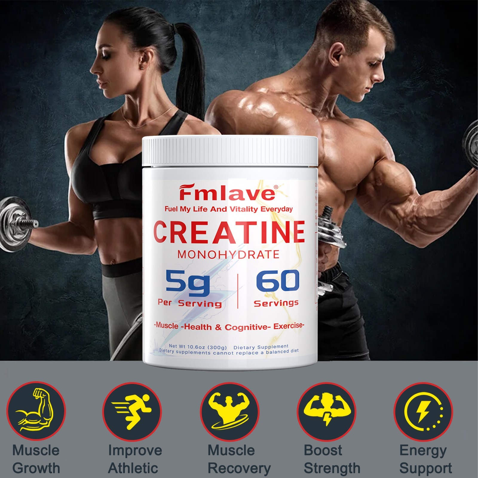 Fmlave Creatine Monohydrate 5g Micronized Creatine 10.58oz - 60 Serving Non-GMO