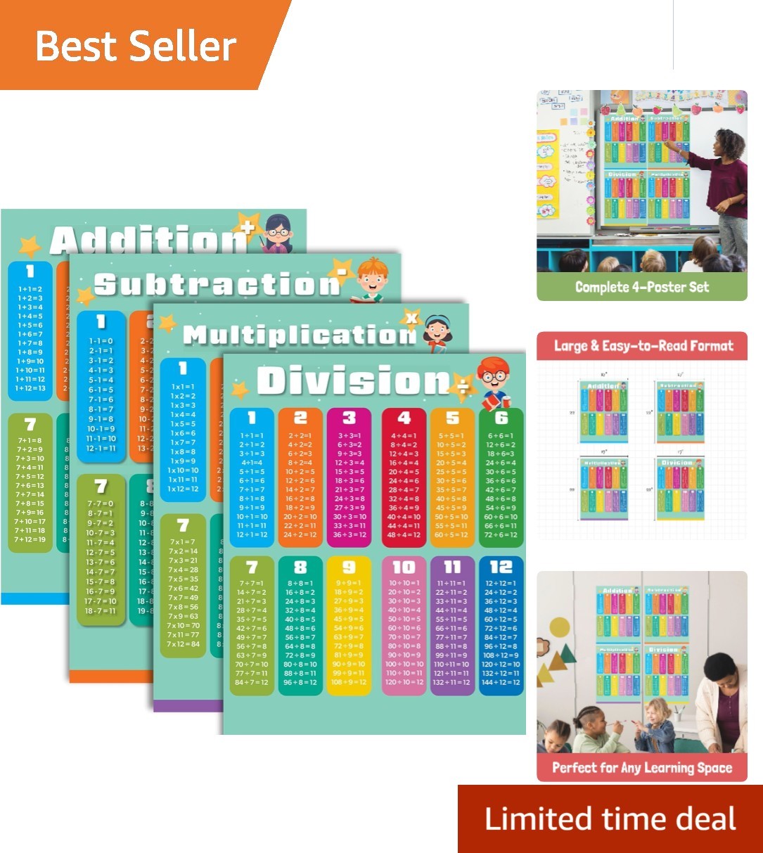 Bright and Fun Math Posters: 17"x22" Charts for Addition, Subtraction & More