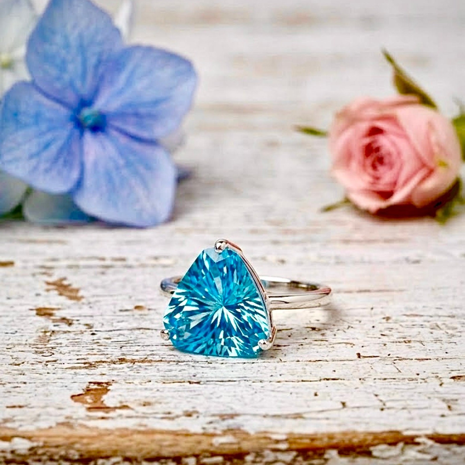 Blue Topaz Trillion Statement Ring | Solid 925 Silver •| Sz 9