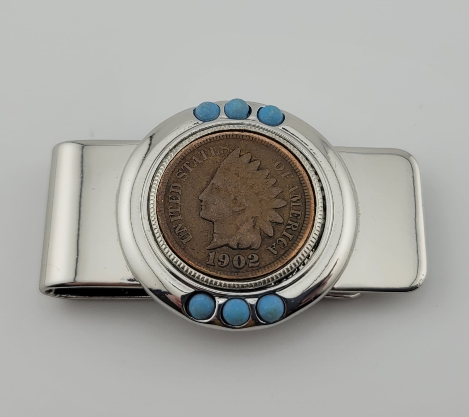 American Coin Treasures 1800's Indian Penny Turquoise Coin Money Clip `1.75"