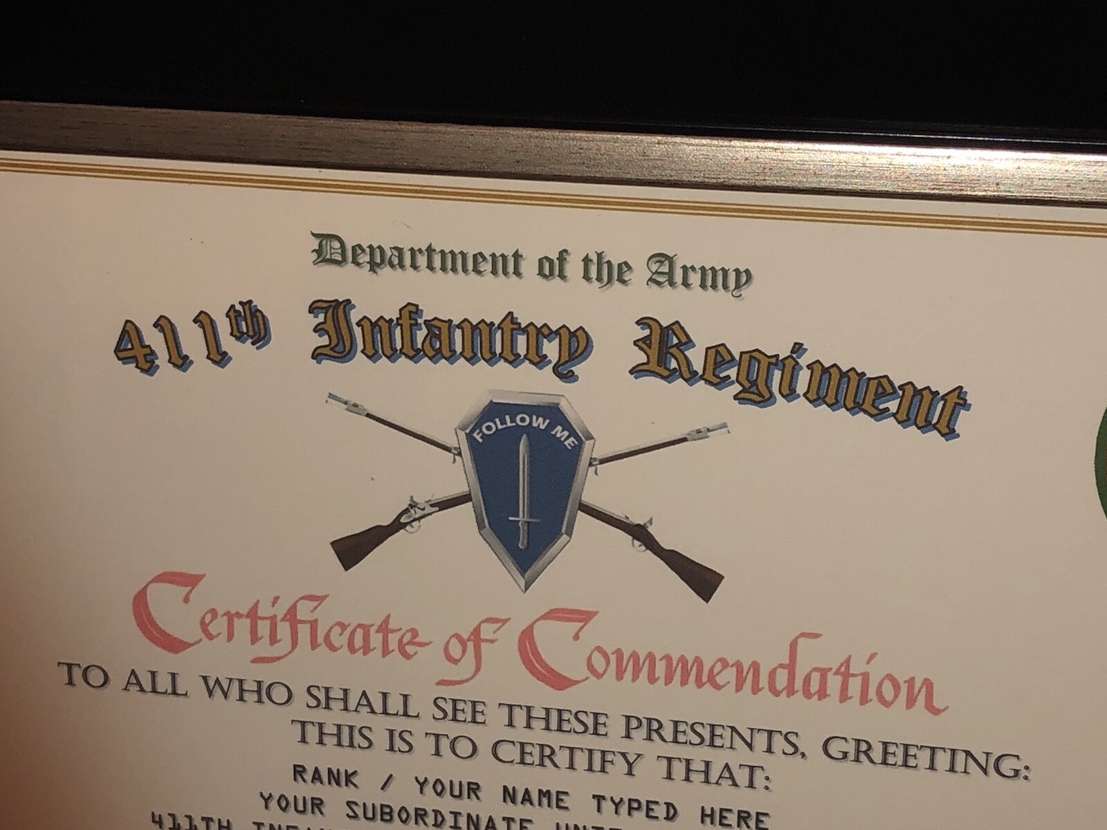 411TH INFANTRY REGIMENT / COMMEMORATIVE - CERTIFICATE OF COMMENDATION