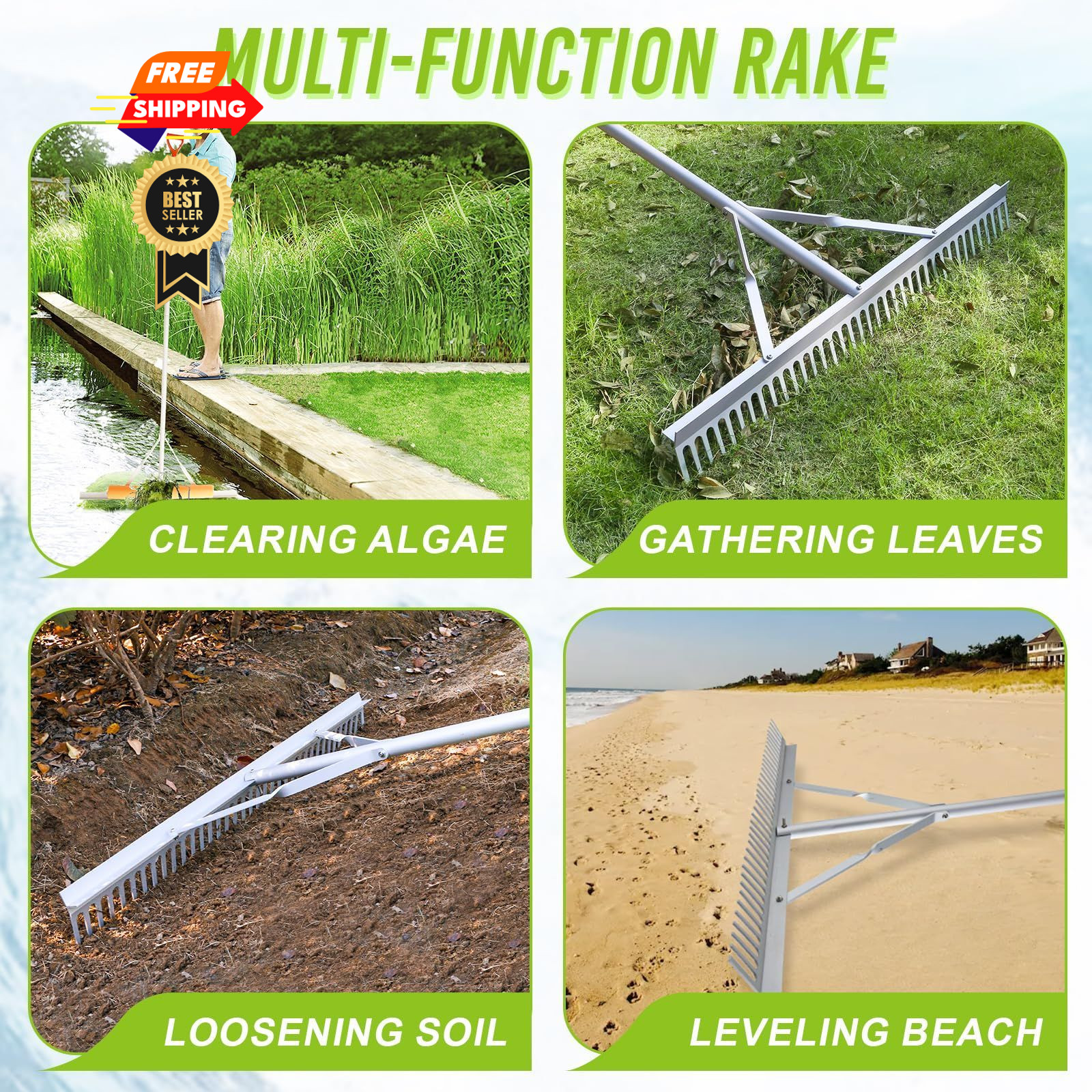 Fumingpal Floating Weed Lake Rake, 36 Inch Widths Pond Rake Aquatic Silver